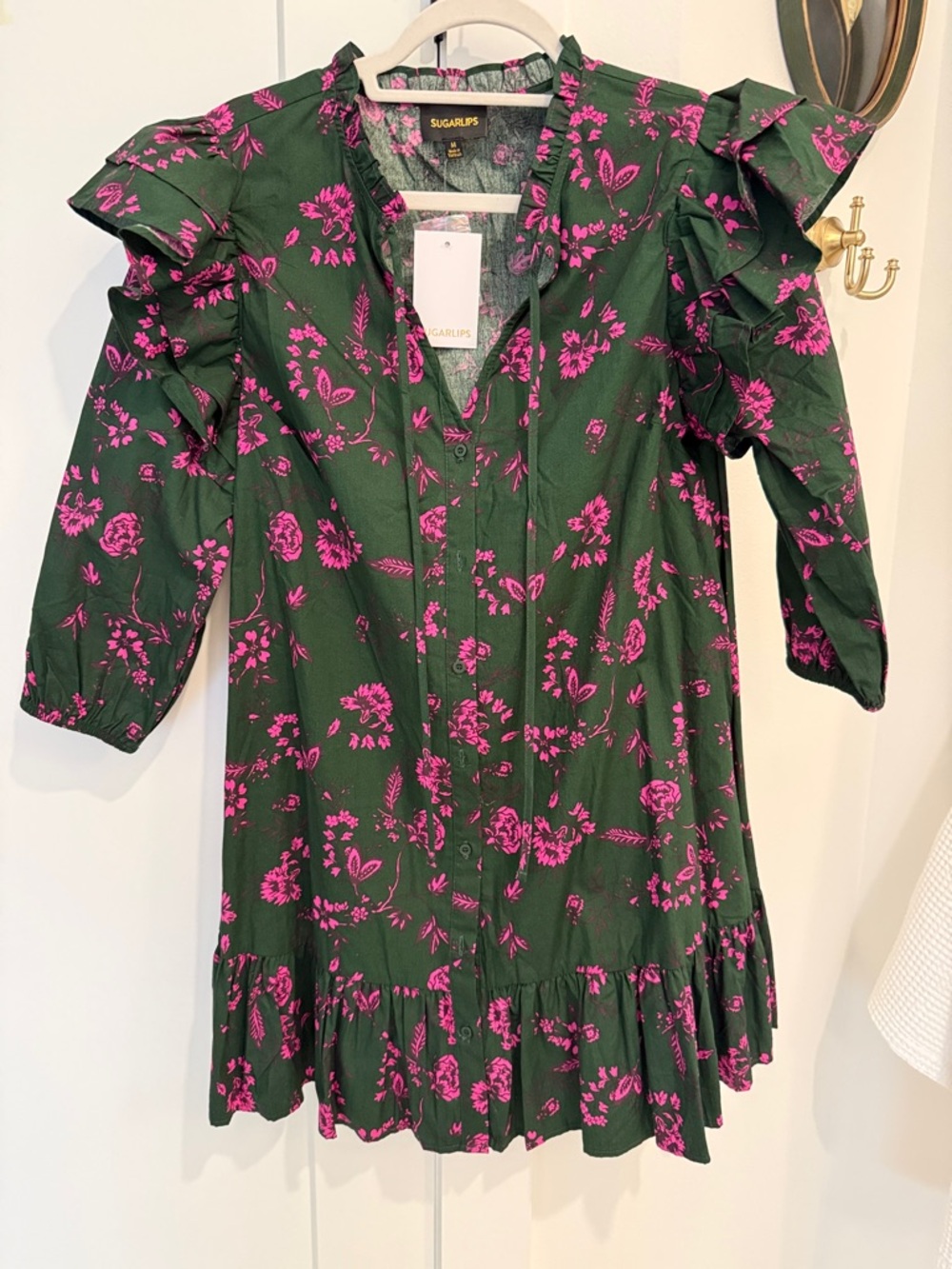 Sugarlips Green Dress with Hot Pink Floral Ruffle Details